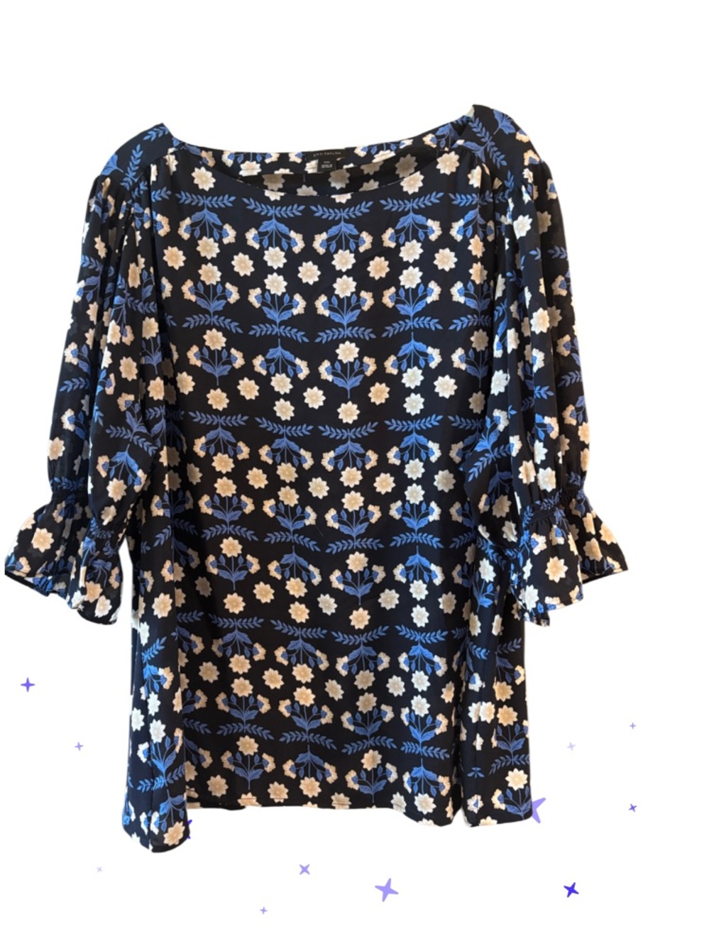 Ann Taylor Navy Blouse with Blue and White Floral Pattern Size XXL